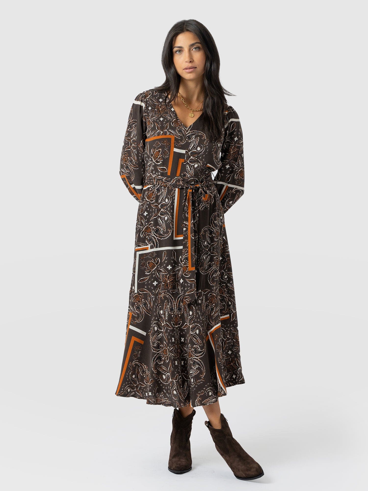 Allegra V Neck Dress - Brown Paisley
