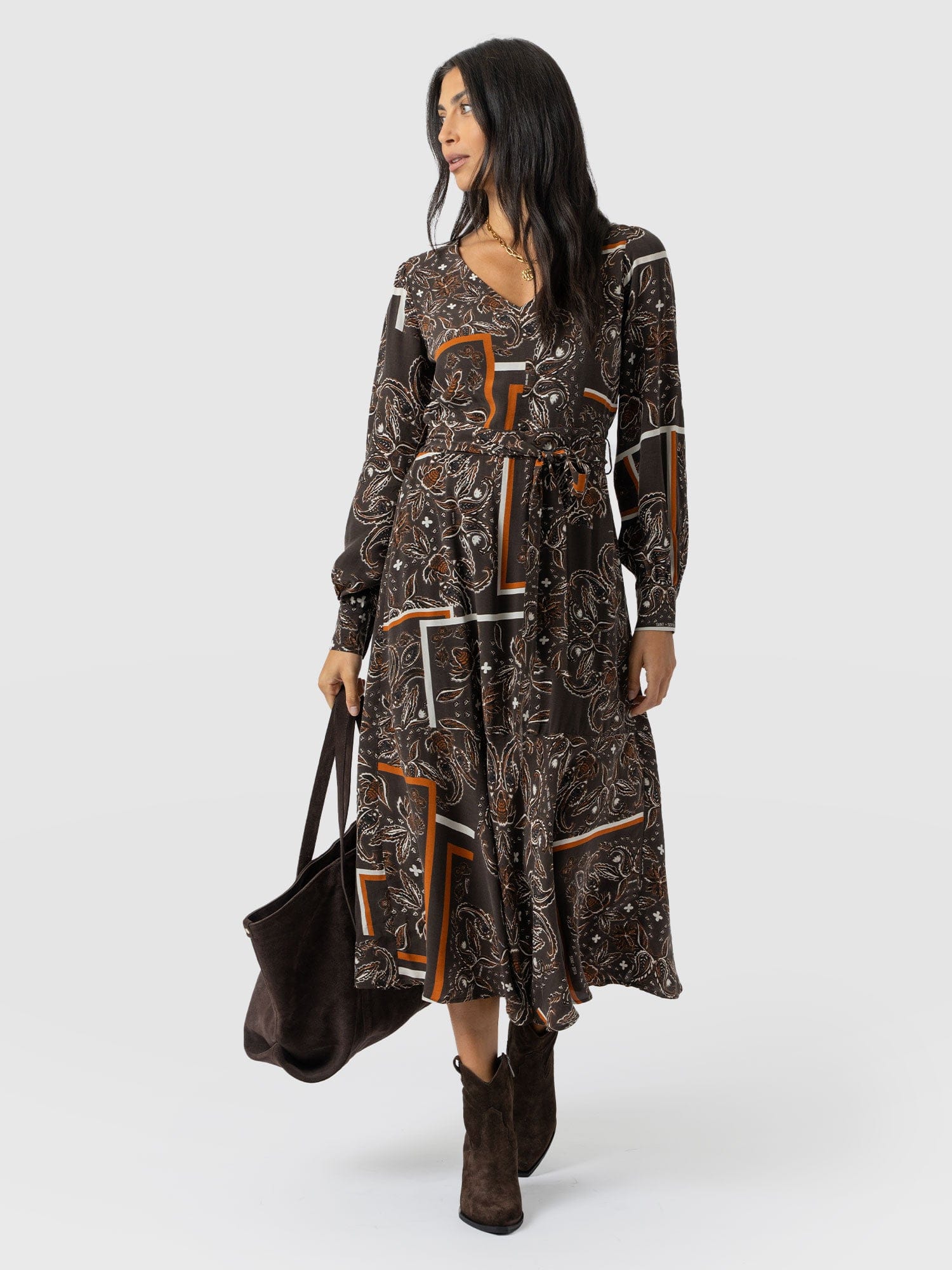 Allegra V Neck Dress - Brown Paisley