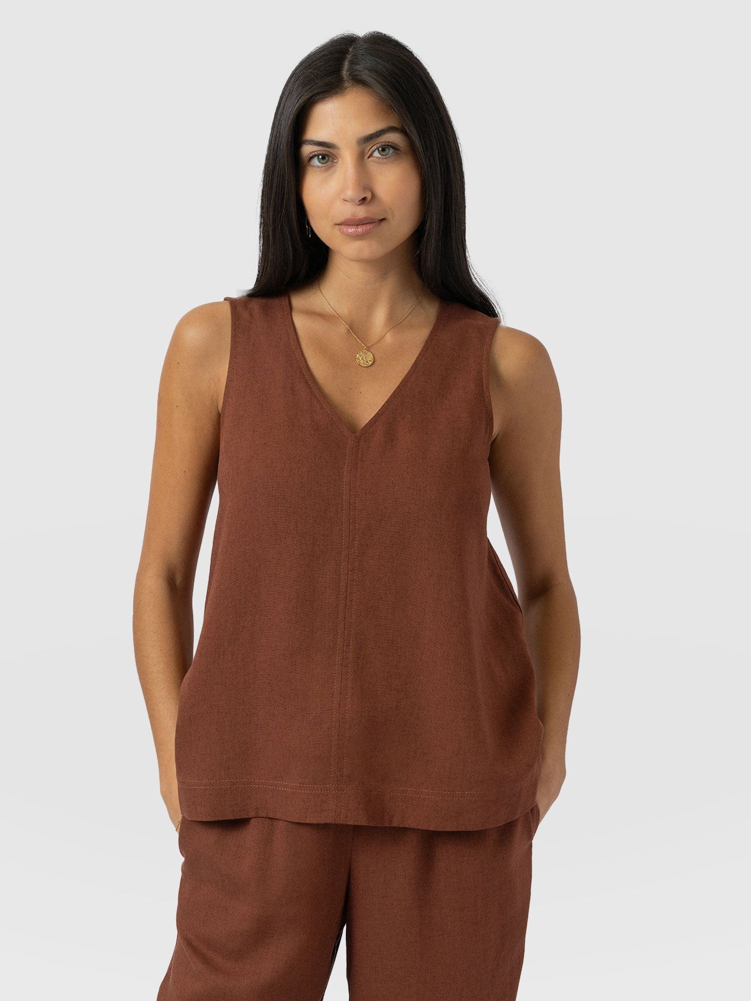 Corinne Linen V Neck Tunic - Russet Brown