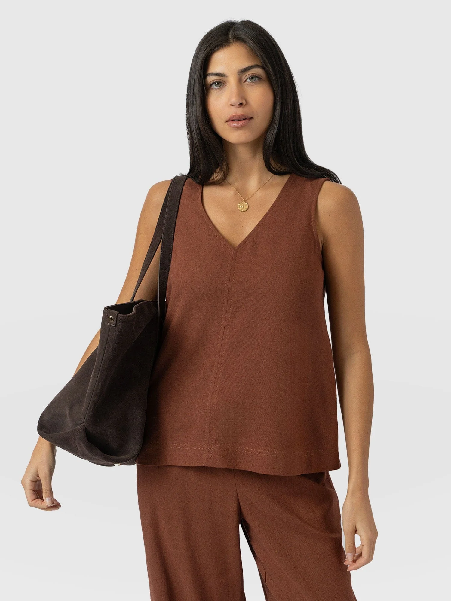 Corinne Linen V Neck Tunic - Russet Brown