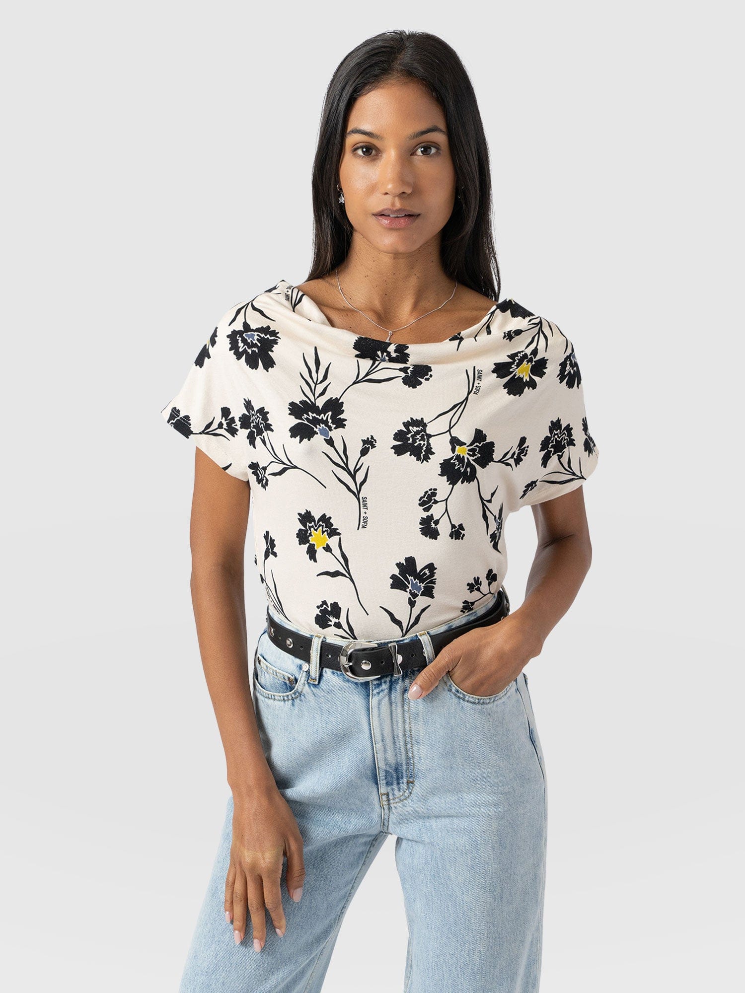 Cowl Neck Tee - White Spring Floral