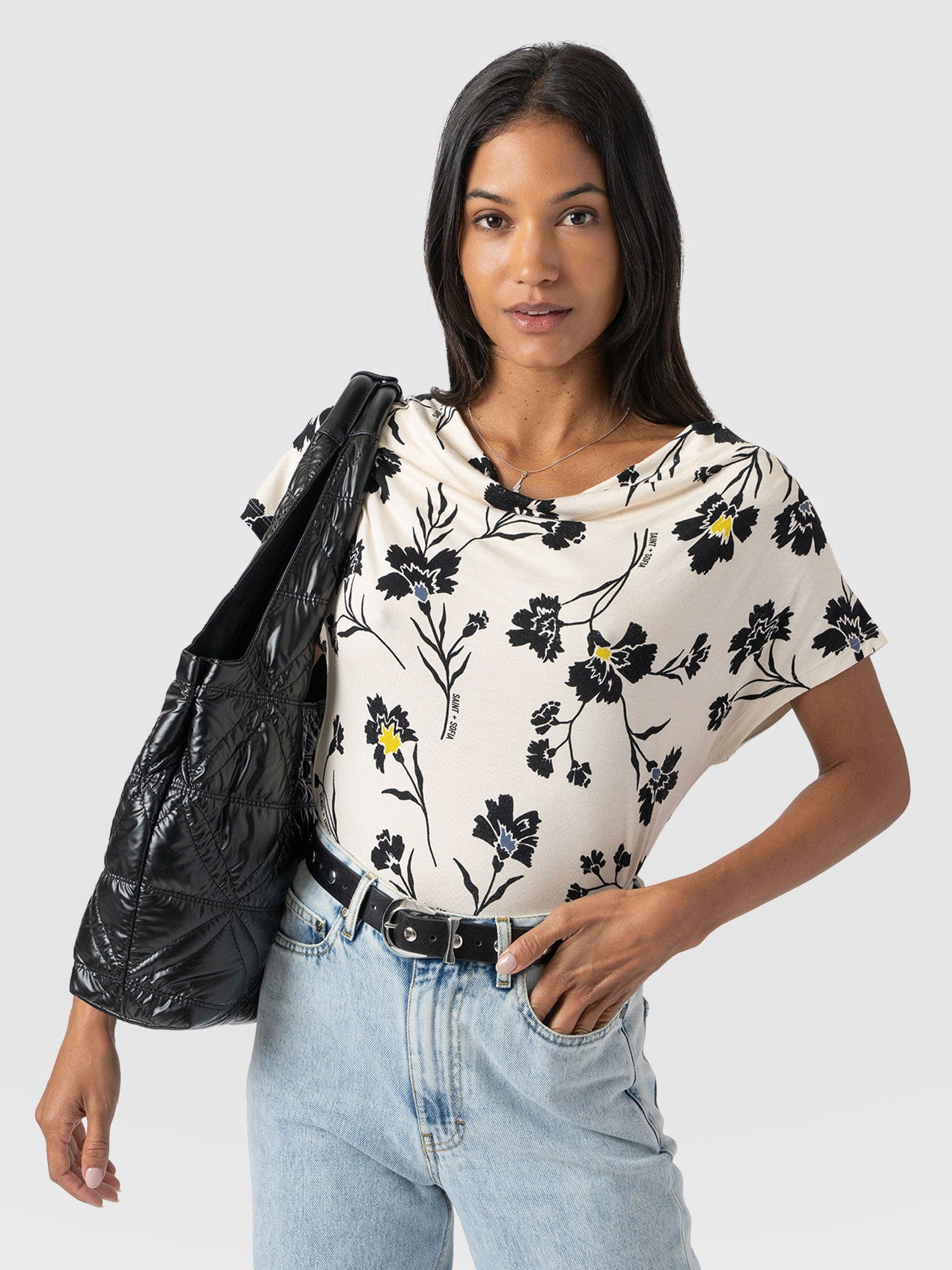 Cowl Neck Tee - White Spring Floral
