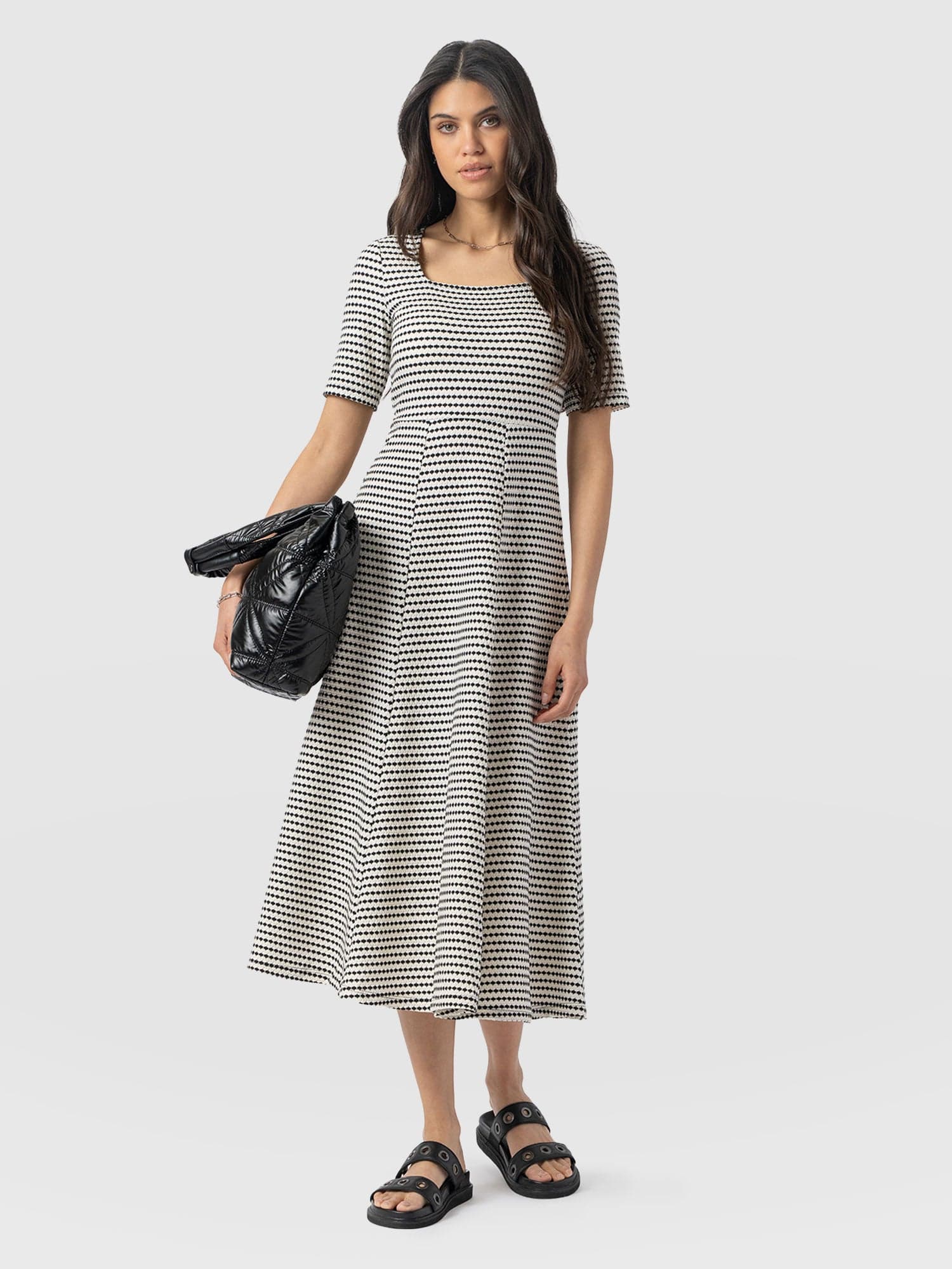 Darcey Short Sleeve Flared Dress - Monochrome Jacquard
