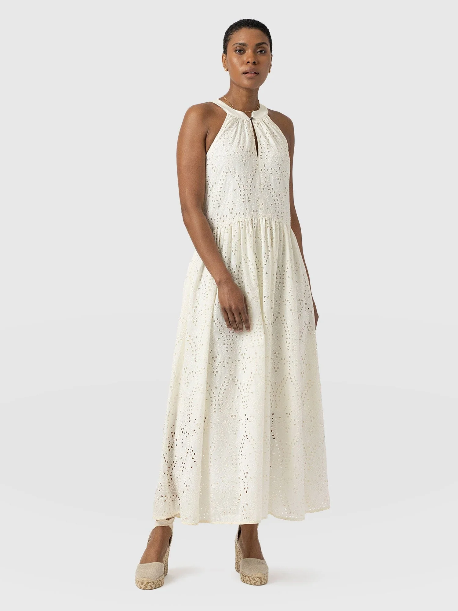 Zoey Halter Neck Dress - White Broderie