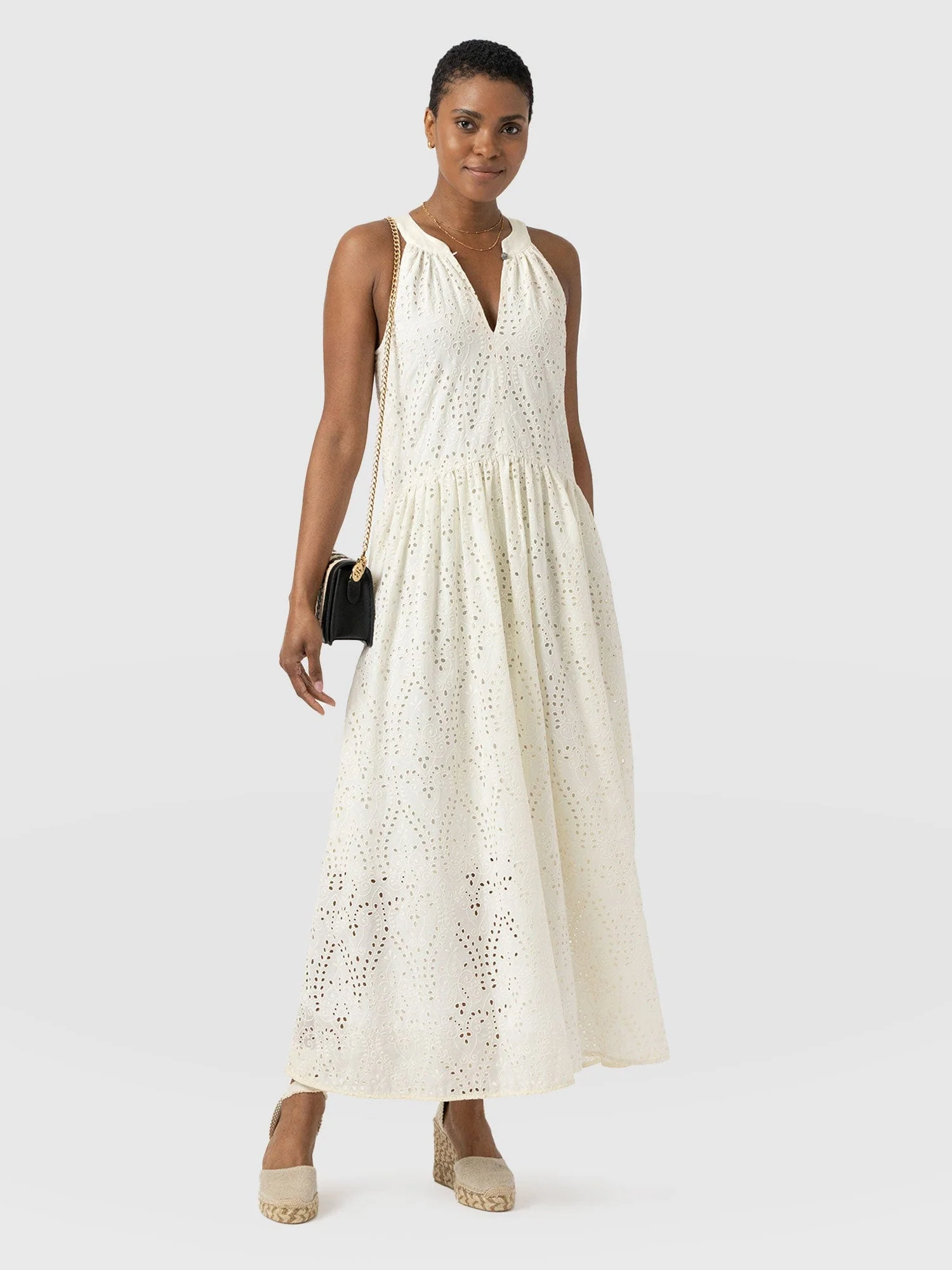 Zoey Halter Neck Dress - White Broderie