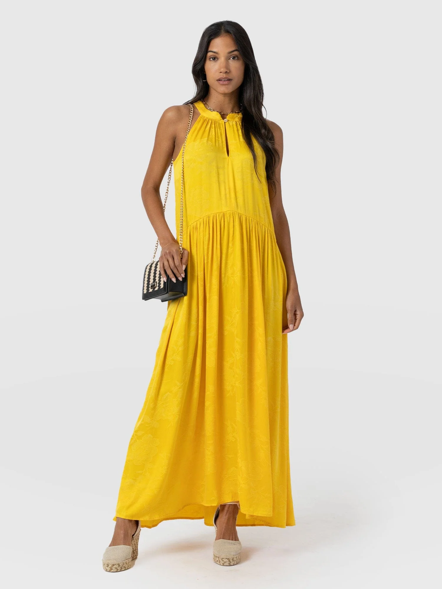 Zoey Halter Neck Dress - Yellow Jacquard